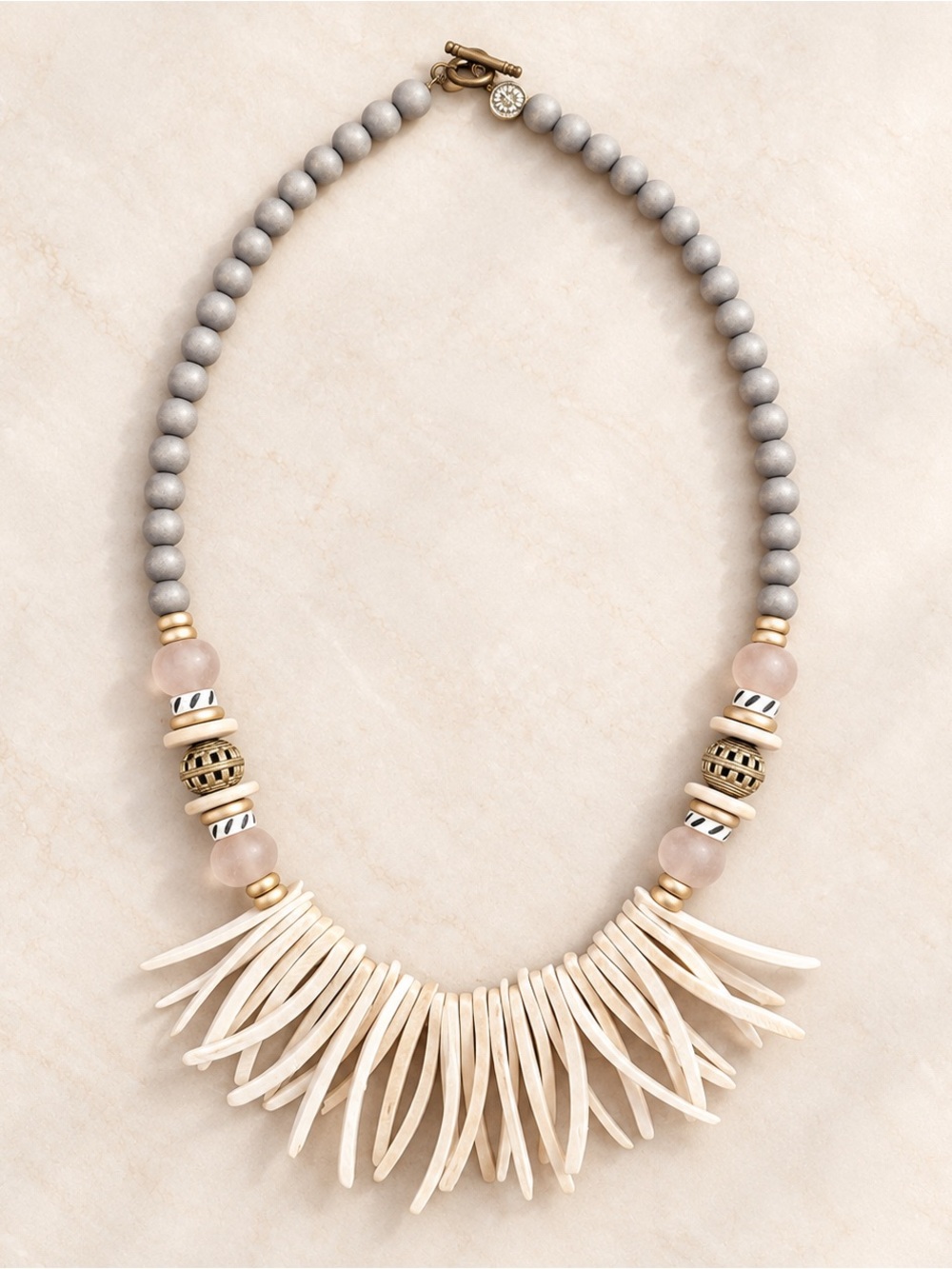 Anchor Beads Coconut Wood Fringe Statement Necklace Gray Blush 28”